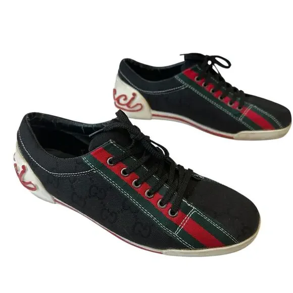 Vintage Gucci Sneakers Black Red Green White Logo Shoes EU Size 40 Women's US 8 - Picture 3 of 12